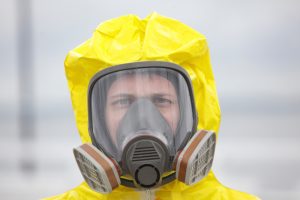 Head of man in modern gas mask - close up